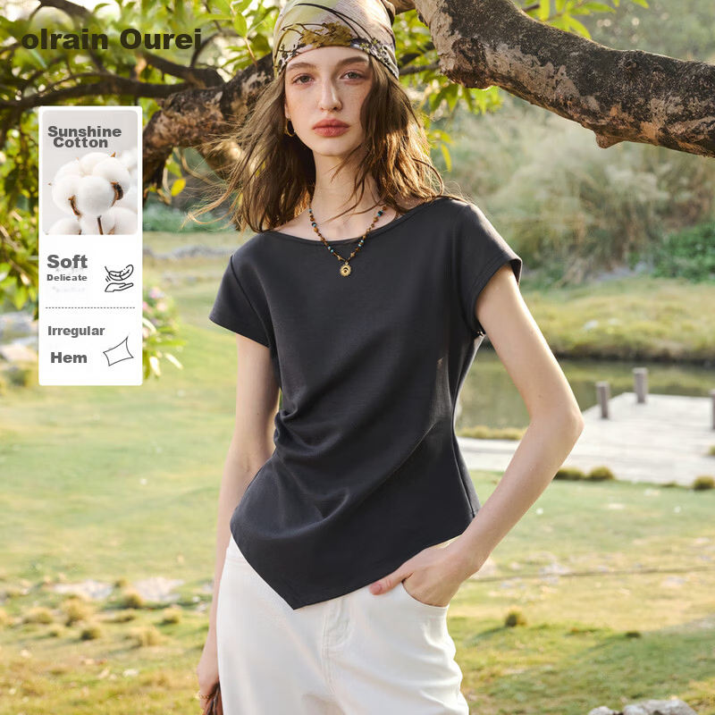 Olrain Women's Casual Short Sleeve T-Shirt Summer Off-Shoulder Waist Slim Fit Top Gray L