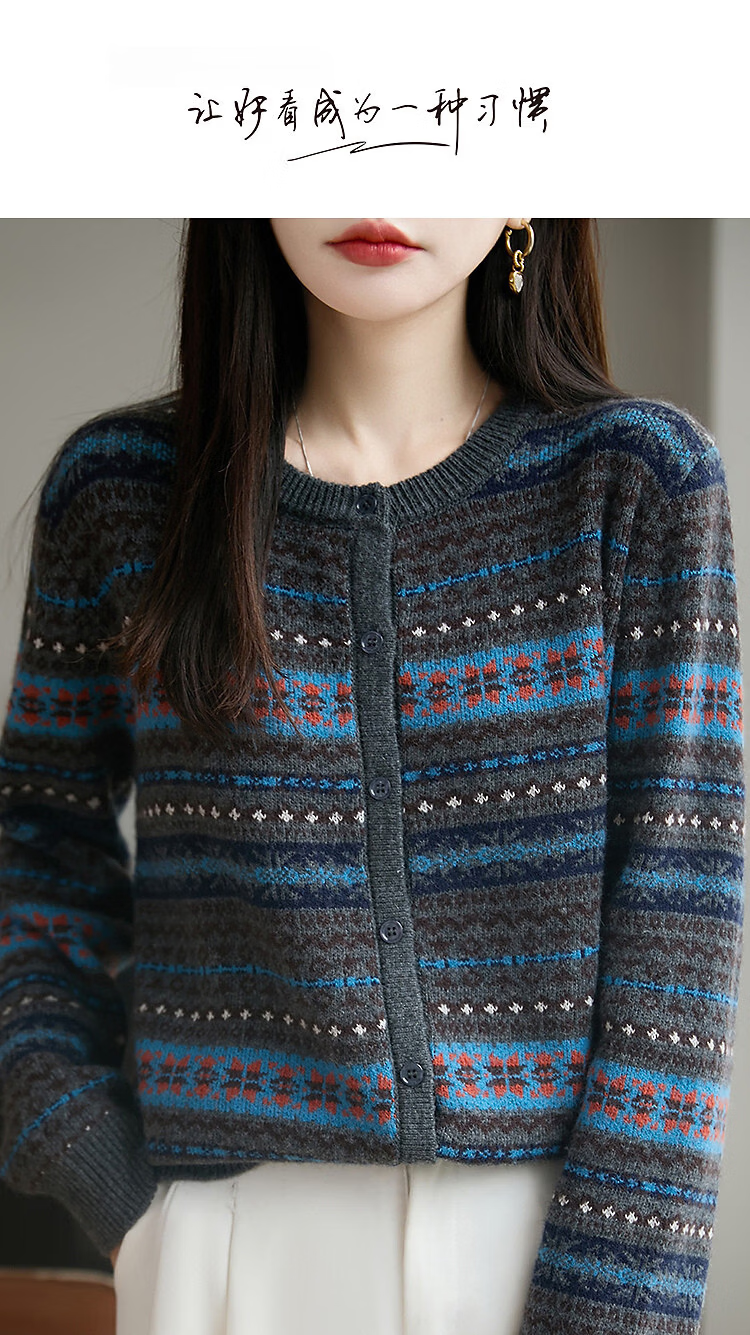 Demana Spring Fair Isle Jacquard Crew Neck Colorblock Loose Slim Wool Rabbit Hair Knit Sweater for Women Premium 1