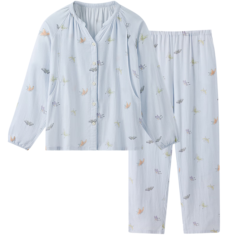 YEEHOO 26 New Maternity Postpartum Homewear 10A Antibacterial Bamboo Cotton Yarn Pajamas Full Pregnancy Air Conditioning Wear Blue M