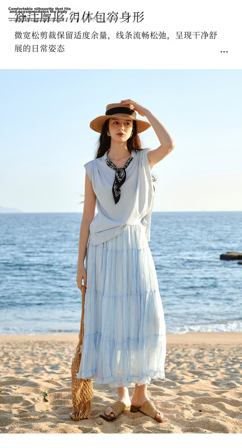 Olrain Eurier Scarf Collar Short Sleeve T-Shirt Women Summer New Casual Simple Commuter Knit Top Blue S 12