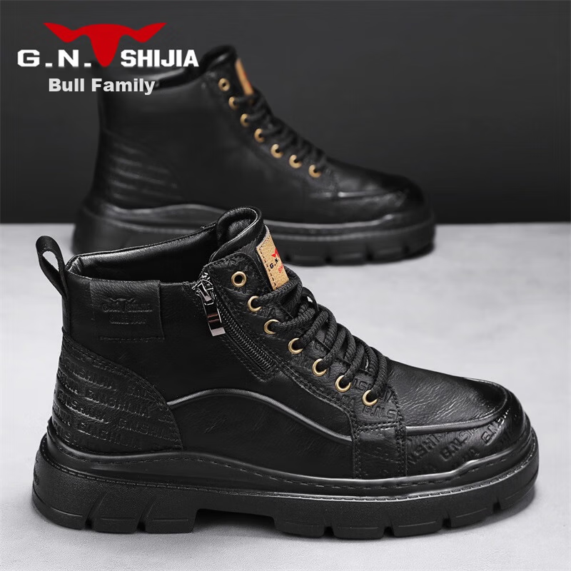 Bull Family Martin Boots Men Autumn Winter New Thick Sole Wear-Resistant Work Boots Trendy Retro Casual Outdoor Hiking Shoes
