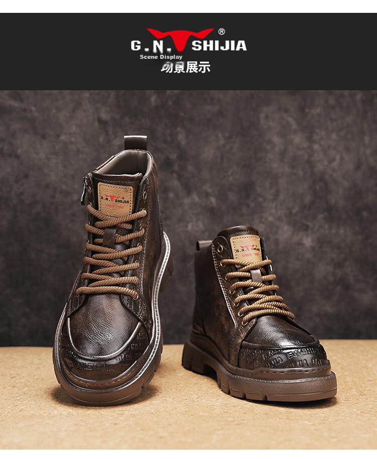 Bull Family Martin Boots Men Autumn Winter New Thick Sole Wear-Resistant Work Boots Trendy Retro Casual Outdoor Hiking Shoes 12