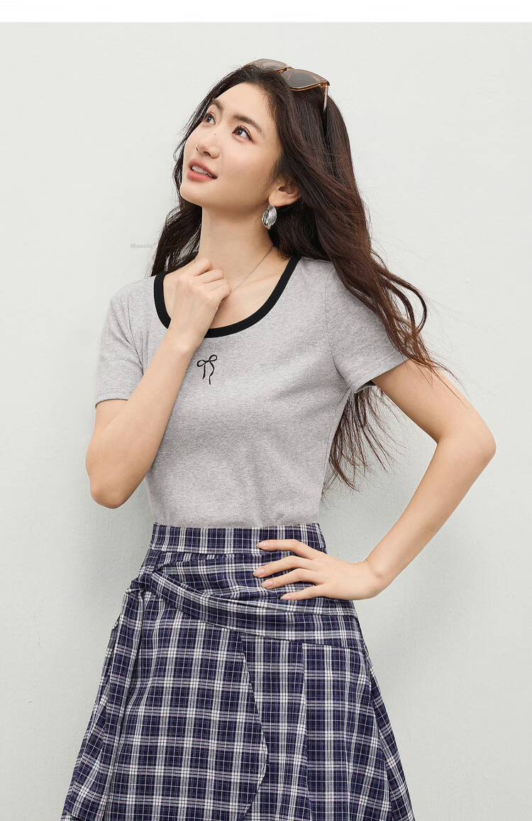 Shangdu Bila Colorblock U-Neck Cotton Blend T-Shirt Women Spring Bow Embroidery Stretch Knit Top Gentle Youthful Temperament Layering 11