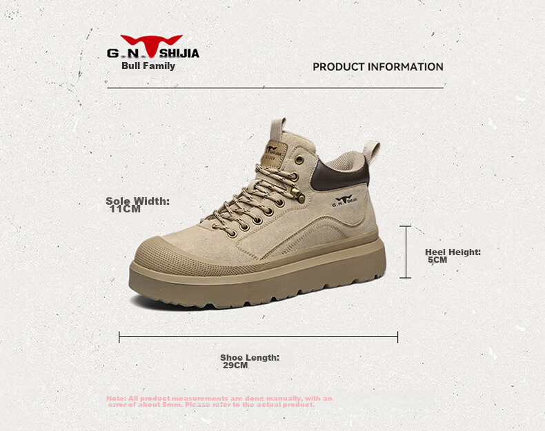 Bull Family Martin Boots Men Autumn Winter New Retro Fashion Round Toe Work Boots Outdoor Thick Sole High Top Shoes 6