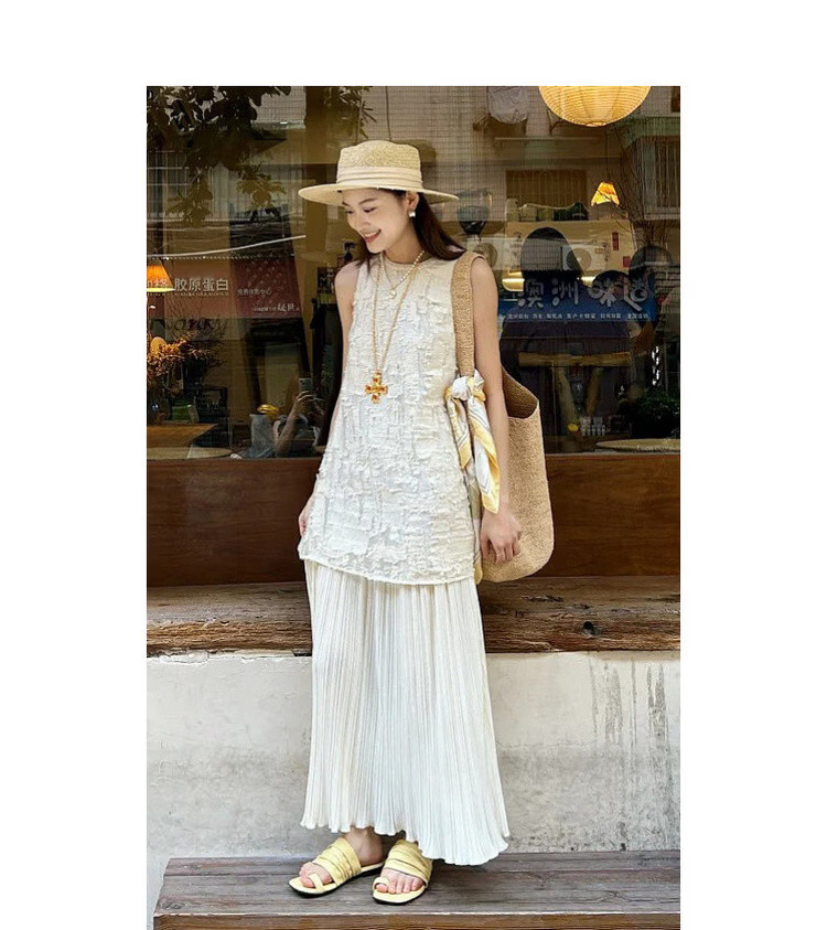 MT "Flowing Moonlight" Summer Small Chanel Style Cutwork Texture Sleeveless Spliced Pleated Hem Dress for Women High-End Feel 7