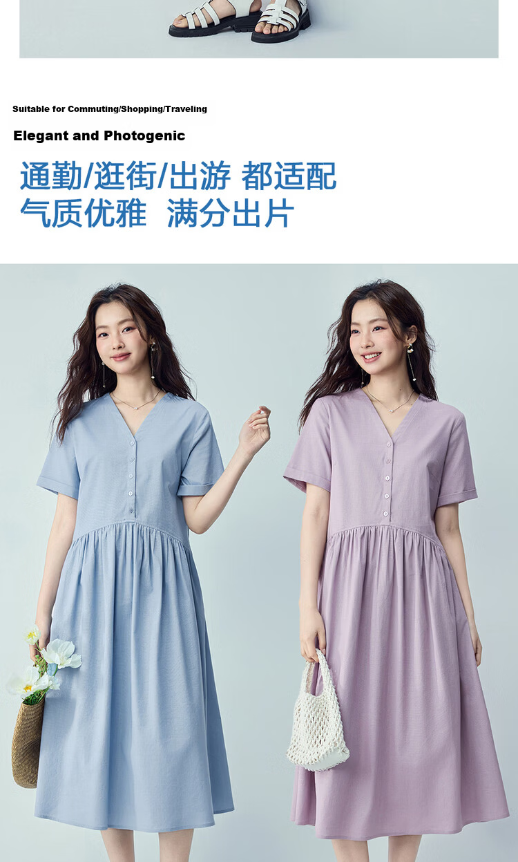 Giordano Women's Short Sleeve Dress 2026 Summer New Lyocell Cotton Spliced Pleated V-Neck Dress 13466253 9