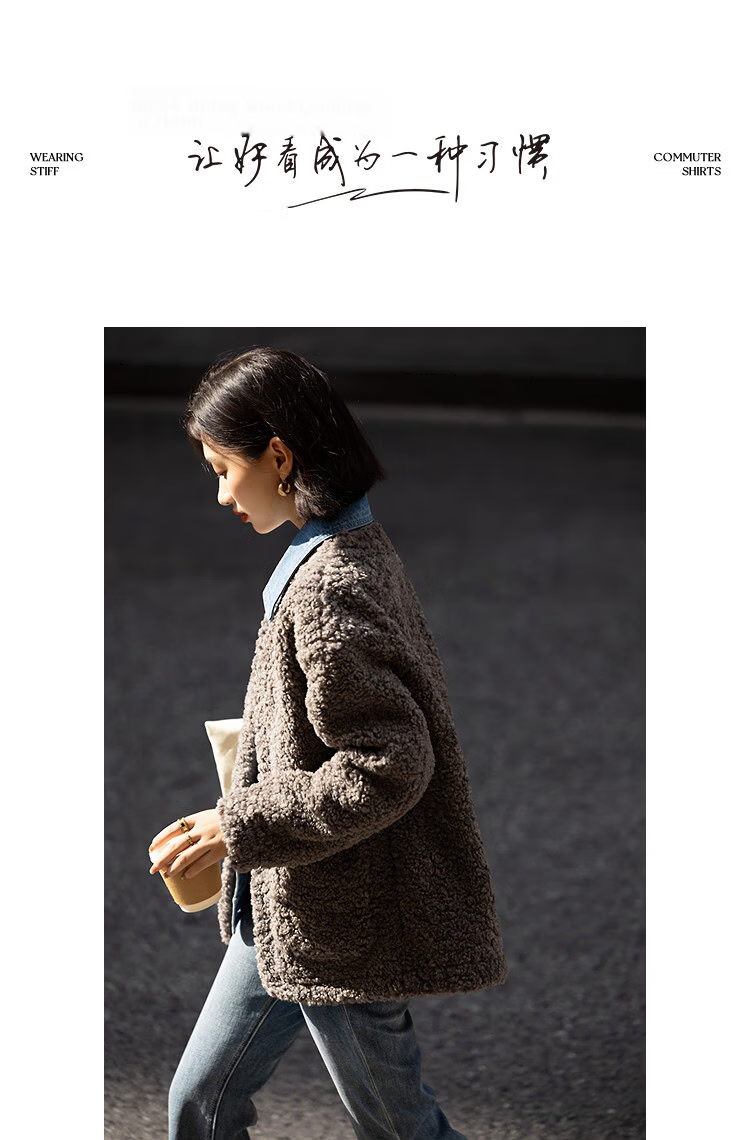 Demana [Fog Harbor Warm Home] Winter Faux Shearling Spliced Denim Lapel Mid-Length Women's Coat with Fake Two-Piece Design 7