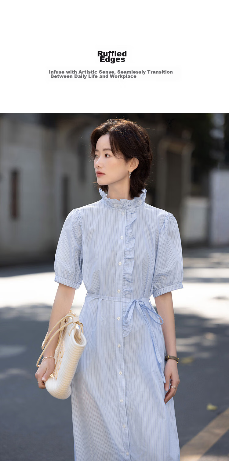 Demana French Romantic Summer Cloud Cotton Striped Ruffle Collar Waist-Slimming Dress for Women Premium Quality 7