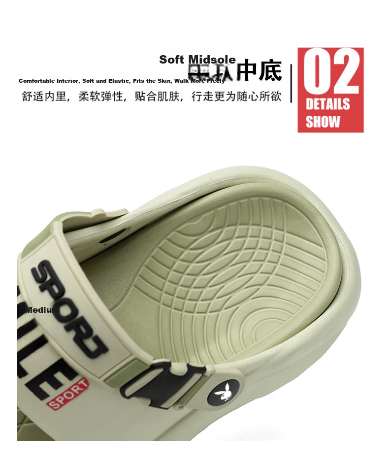 PLAYBOY Men's Sandals 2026 Summer Hollow-out Fashion Thick-soled Beach Shoes Soft Sole Slippers Gray Black Size 40/41 3