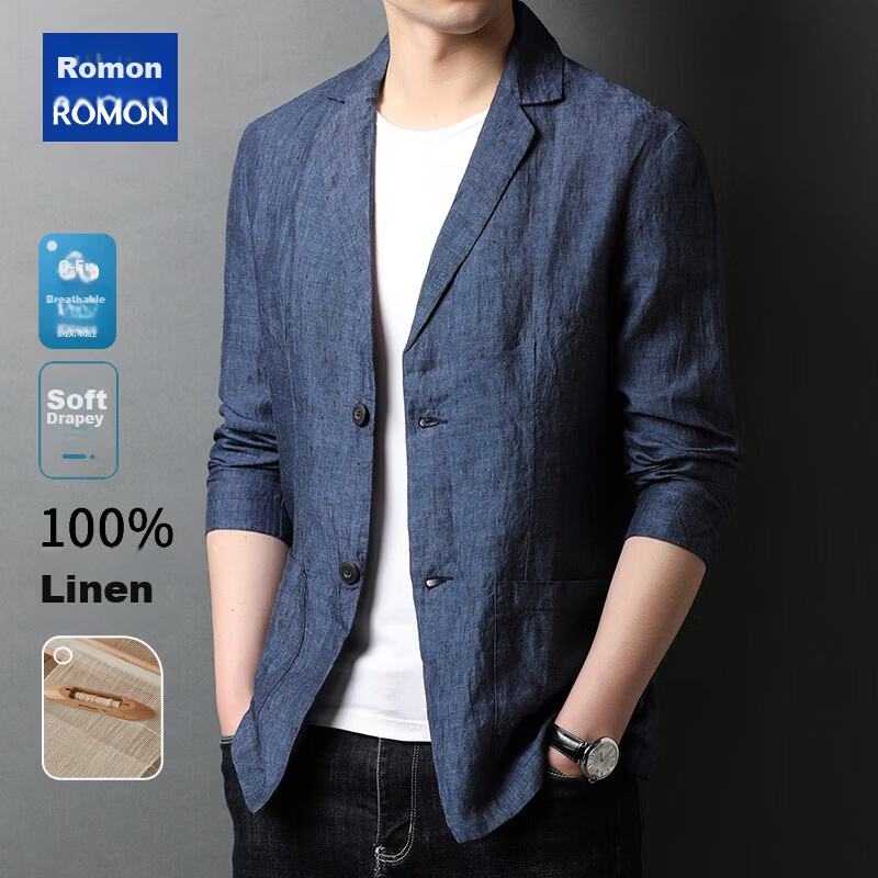 ROMON 100% Pure Linen Men's Blazer Spring Autumn Casual Solid Color Single-Breasted Slim Fit Korean Style Lightweight Jacket