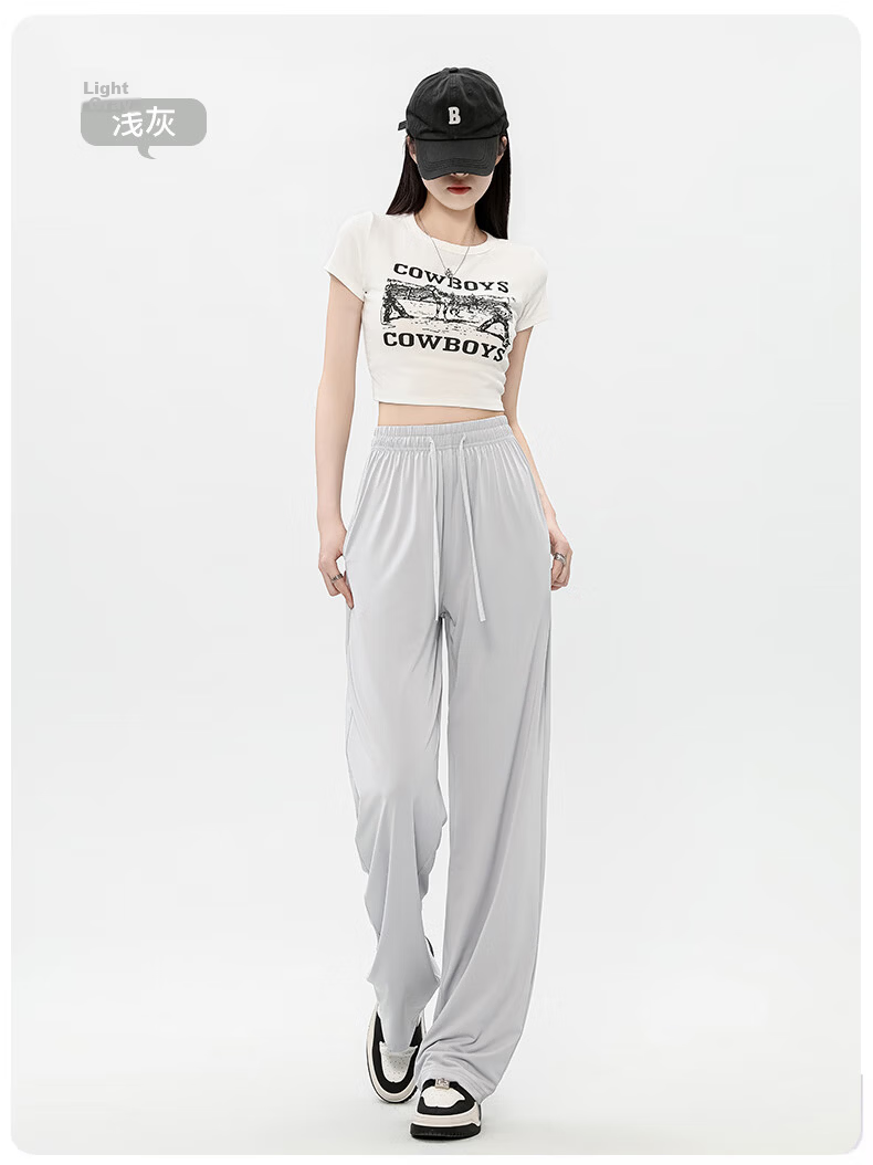 Jeanswest Women's Summer Casual Loose Comfortable Drawstring Wide-Leg Ice Silk Sun Protection Pants Light Gray S 23