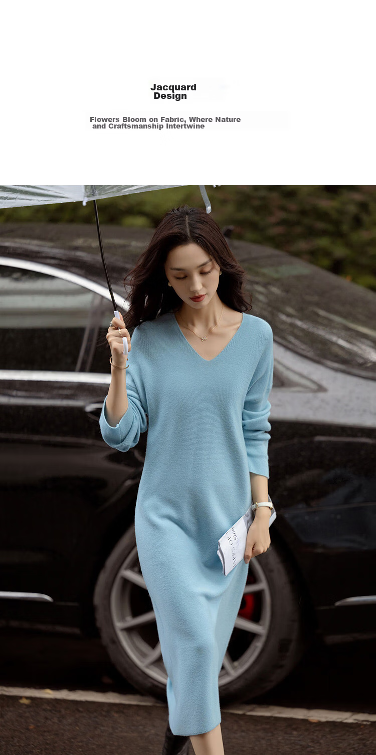 Demana [With Wool] Spring Lightweight Urban V-Neck Drop Shoulder Waistless Jacquard Straight Small Women's Dress 4