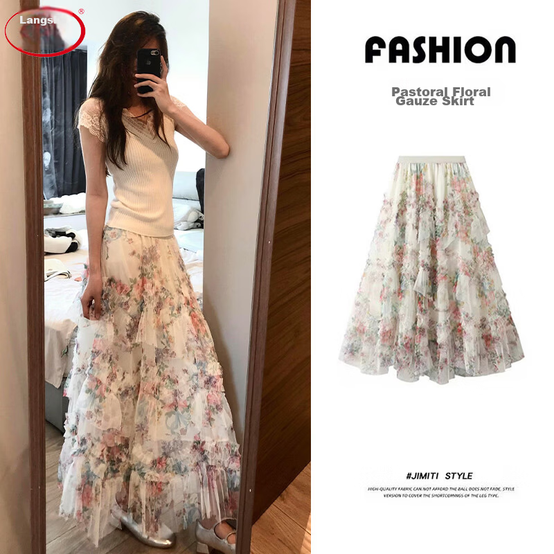 Langsha Floral Mesh Half Skirt Women 2026 New Irregular A-Line High Waist Slim Sweet Mid-Length Puffy Cake Skirt