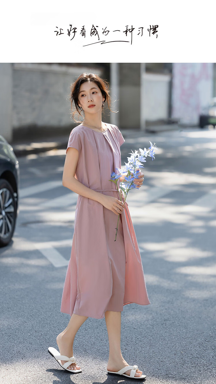 Demana [Black Technology] Summer Sorona Round Neck Cap Sleeve Belted Loose Slim Dress for Women High-End Feel 1
