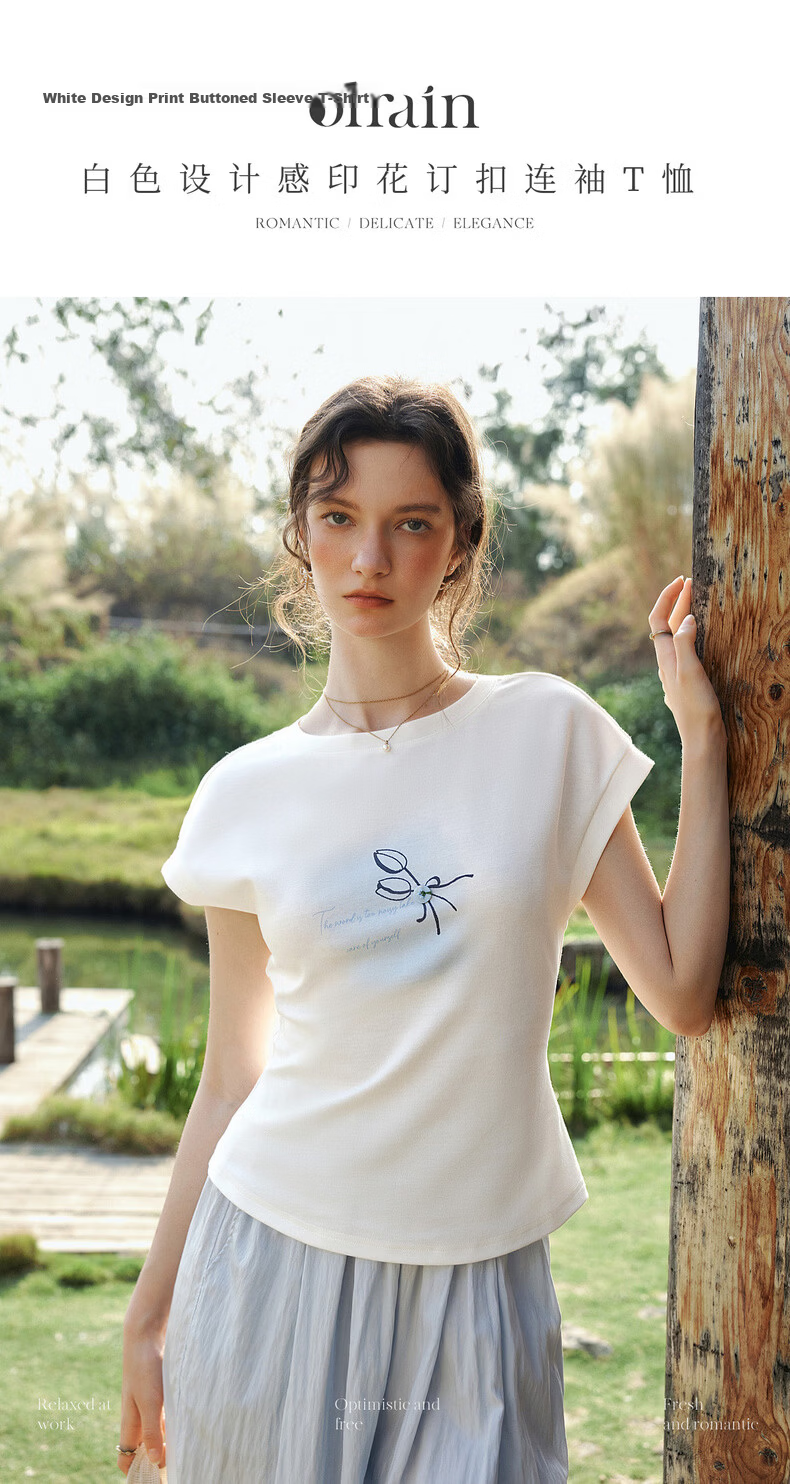 Olrain Eurier Printed Button Sleeve Top New Summer Women's White Casual Commuter Short Sleeve T-Shirt White M 1