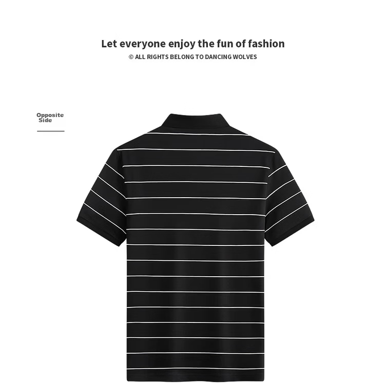 DANCING WOLVES Instant Cooling Mulberry Silk Smooth Striped Short Sleeve Polo Shirt Men's Casual Top 001 Black M 24
