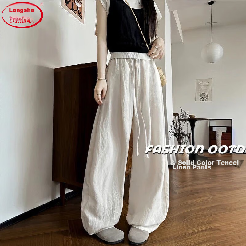 Langsha Tencel Linen Wide-Leg Pants for Women Summer 2026 New High-Waist Slimming Draped Loose Casual Curved Cut Pants