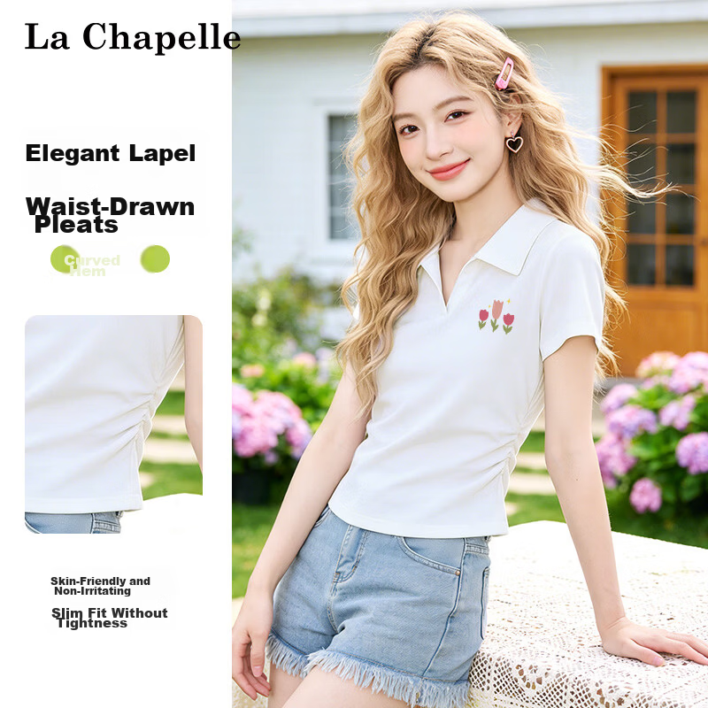 La Chapelle Women's Summer Korean Style Turn-Down Collar Short Sleeve T-Shirt with Side Pleats, Waist Slimming, Slim Fit, Versatile Short Top