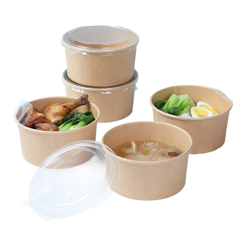 Fangcaodi Disposable Kraft Paper Takeout Boxes, 1000ML*50 Sets, Thick Kraft Paper Bowls with Lids for Takeout, Fast Food, And Instant Noodles