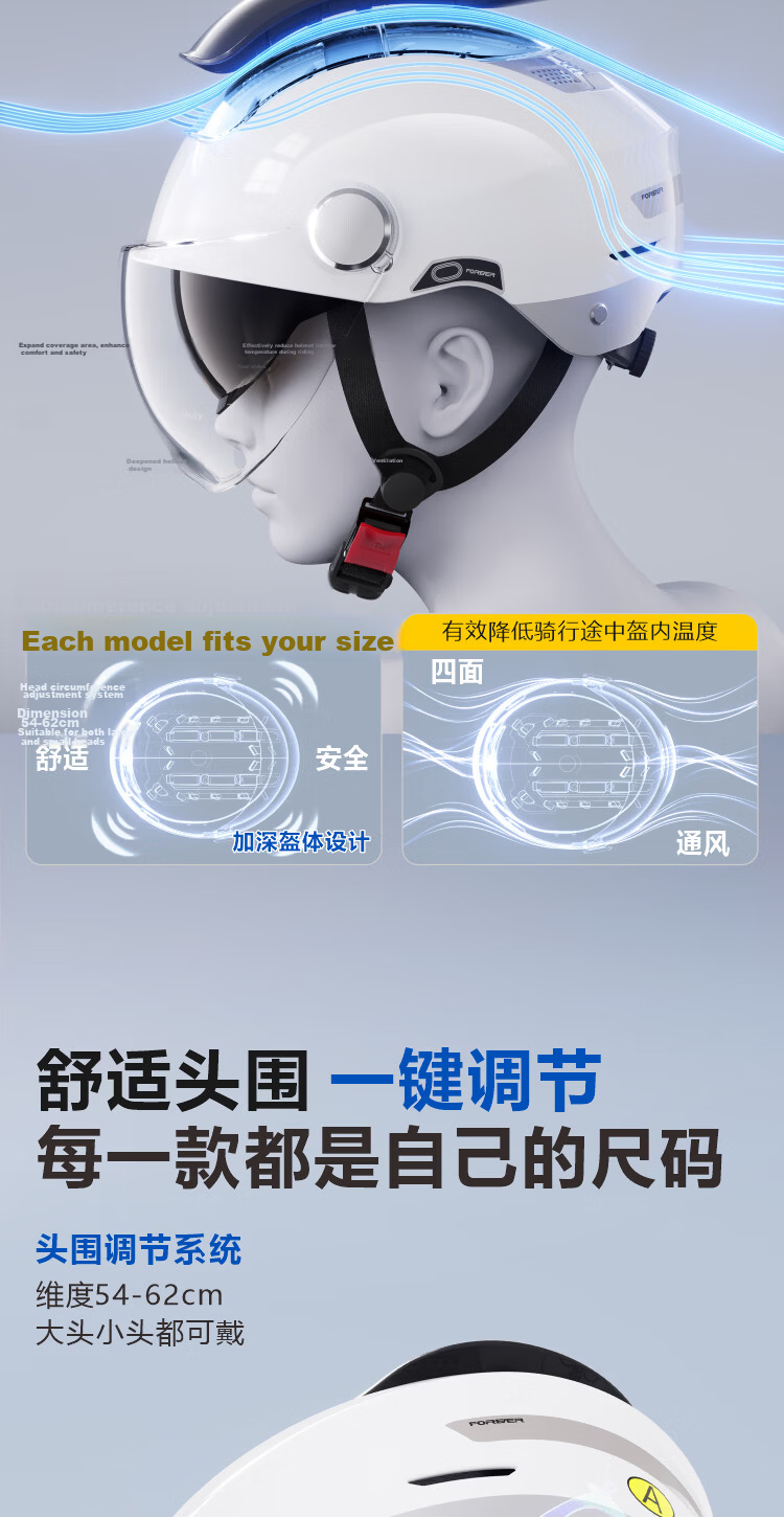 FOREVER Dual-Opening Sunroof Electric Motorcycle Helmet, 3C Certified, for Men And Women, Summer Sun Protection, Breathable Double Visor Half Helmet, Zero-Feel Sunroof, All-Season Safety Helmet, 966 Titanium Gray Color-Changing Long Visor 11