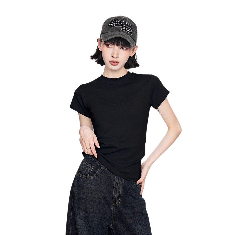 TUCANO Women's Short Sleeve T-Shirt 2025 New Summer Round Neck Solid Cotton Slim Fit Top Black S