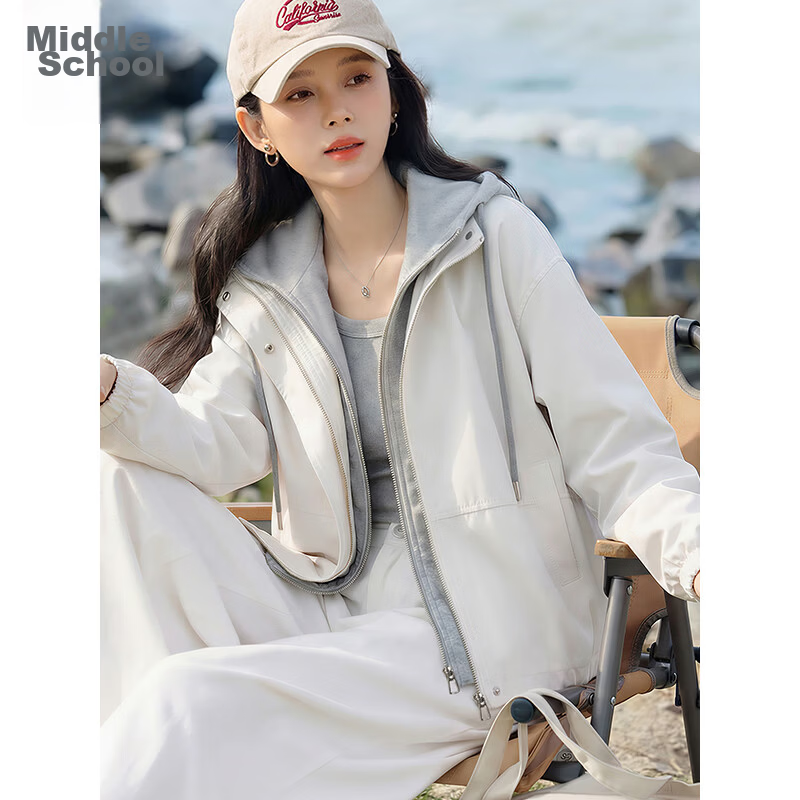 Chushen Women's Spring and Autumn Short Jacket Hooded Two-Piece Colorblock Loose Casual Jacket S61D115