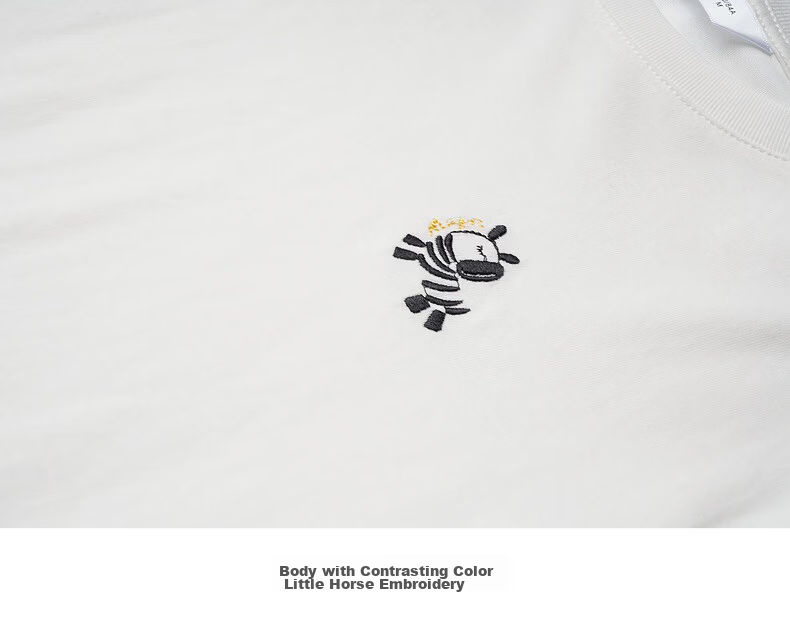 Olrain Simple Color-Block Pony Embroidery Casual Long Sleeve T-Shirt Women Spring Pure Cotton Crew Neck Top Off-White S 22