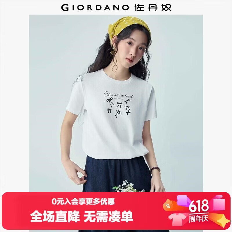 Giordano Women's Short Sleeve T-Shirt New Pure Cotton Sweet Bowknot Print Round Neck Top 13396303