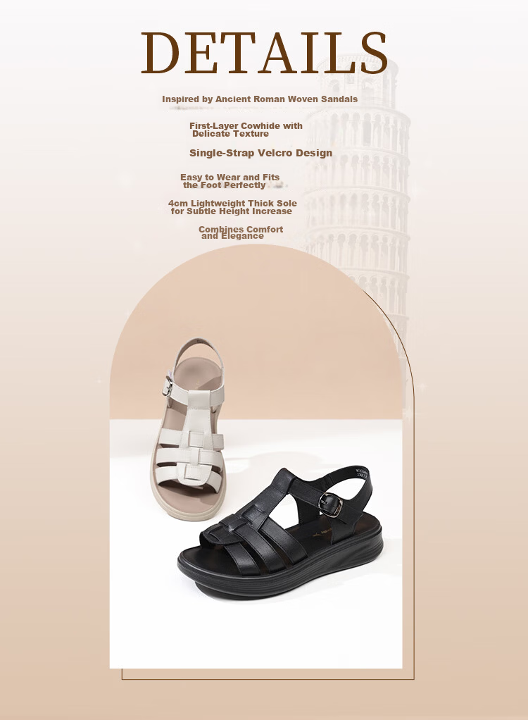 Red Dragonfly Women's Soft Sole Open Toe Leather Roman Sandals Breathable Height Increasing Velcro Clogs WTK264911 Black Size 38 3
