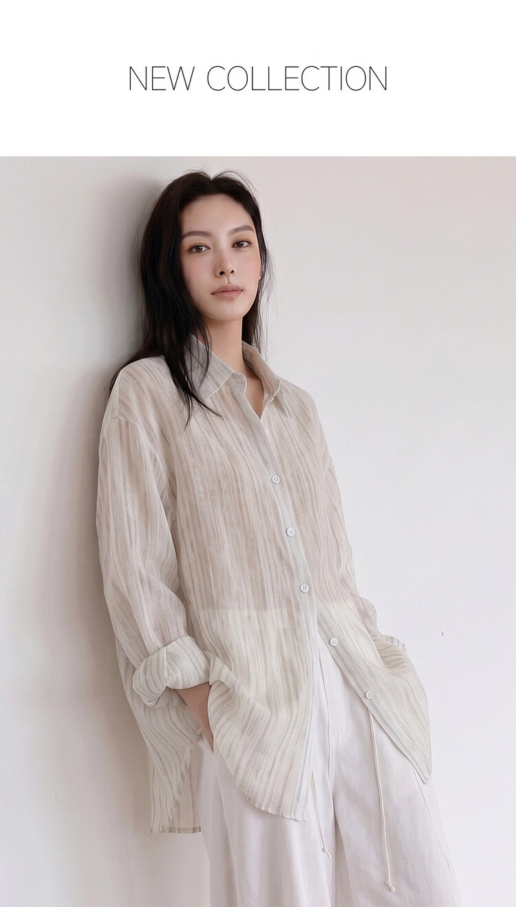 Dme [Lightweight Lyocell] Autumn Lightweight Commuter Striped Textured Lapel Long-Sleeve Loose Draping Women's Shirt for Layering 1