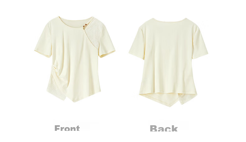Shangdu Bila Gentle Elegant Cotton Blend T-Shirt Women Summer Beaded Round Neck Lace Splice Stretch Knit Short Sleeve Top 31