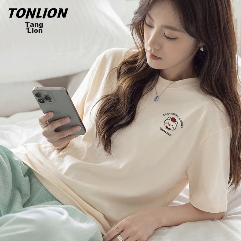 TonLion Women's Summer New Pure Cotton Short Sleeve Loose T-Shirt Cartoon Design Trendy High-Quality Half Sleeve Top