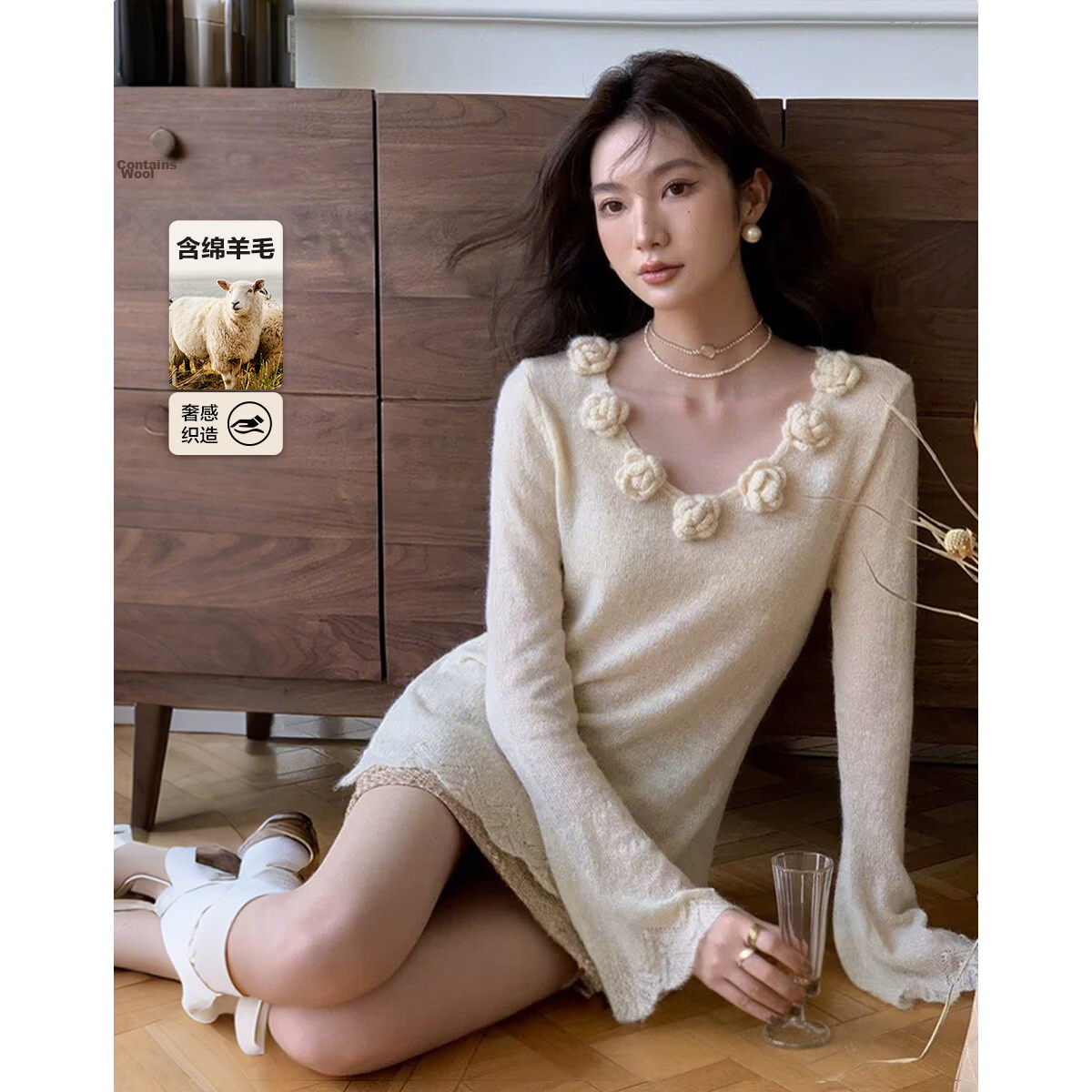 MT Spring Sweet 3D Crochet V-Neck Knit Sweater with Fluffy Wool, Slim Fit Women's Top