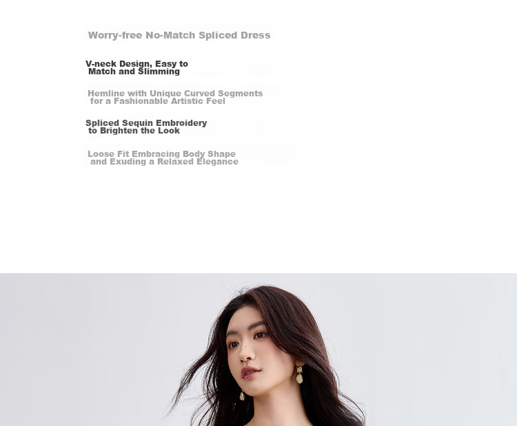 Sentubila V-Neck Patchwork Curved Hem Sequin Embroidered Short Sleeve Dress for Women Summer Elegant Mid-Length Dress 4