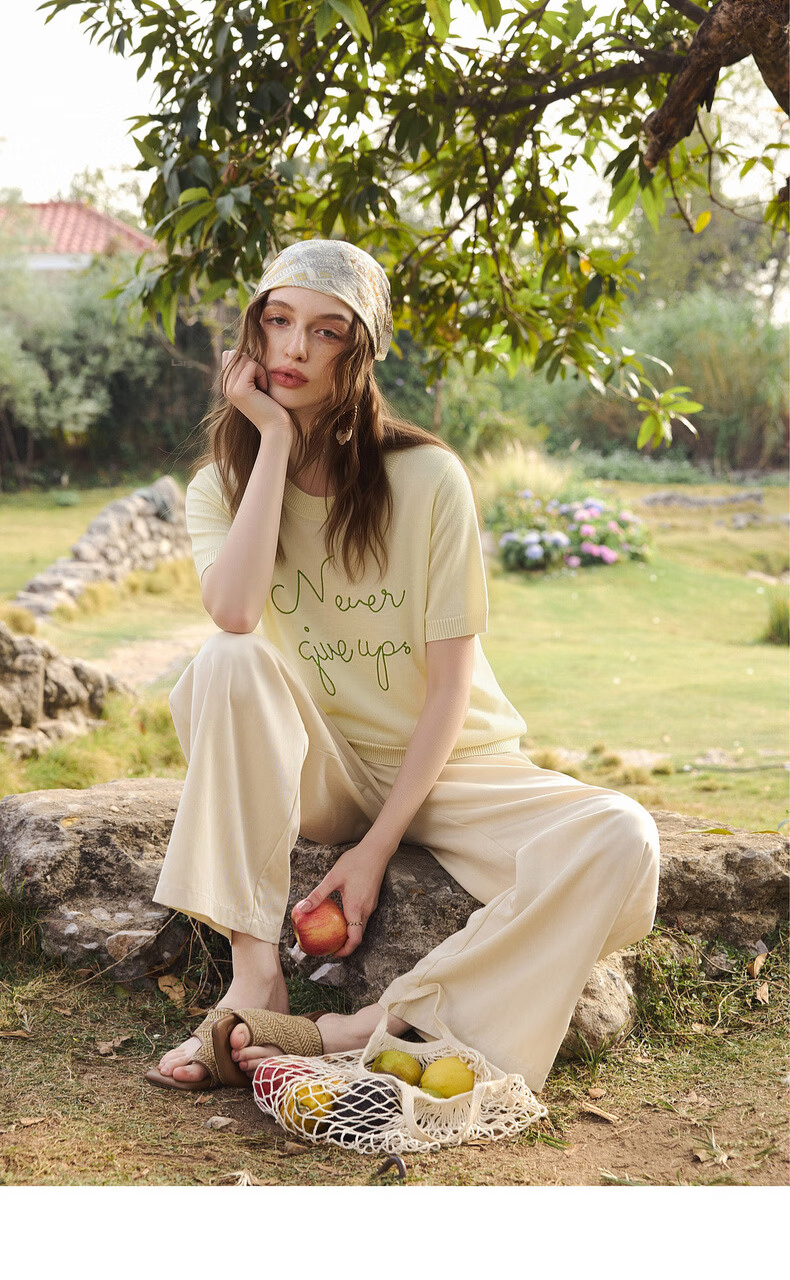 Olrain Eurielle Summer New Women's Lazy Bamboo Slub Yarn Knit Loose Versatile Thin Pullover Light Yellow M 12