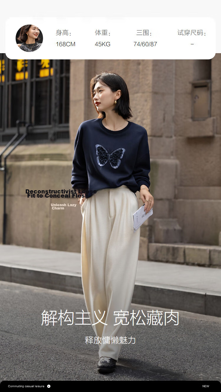 Demana [350G Thermal Outlet Fleece] Winter Crew Neck 3D Floral Butterfly Embroidered Loose Sweatshirt Top 9