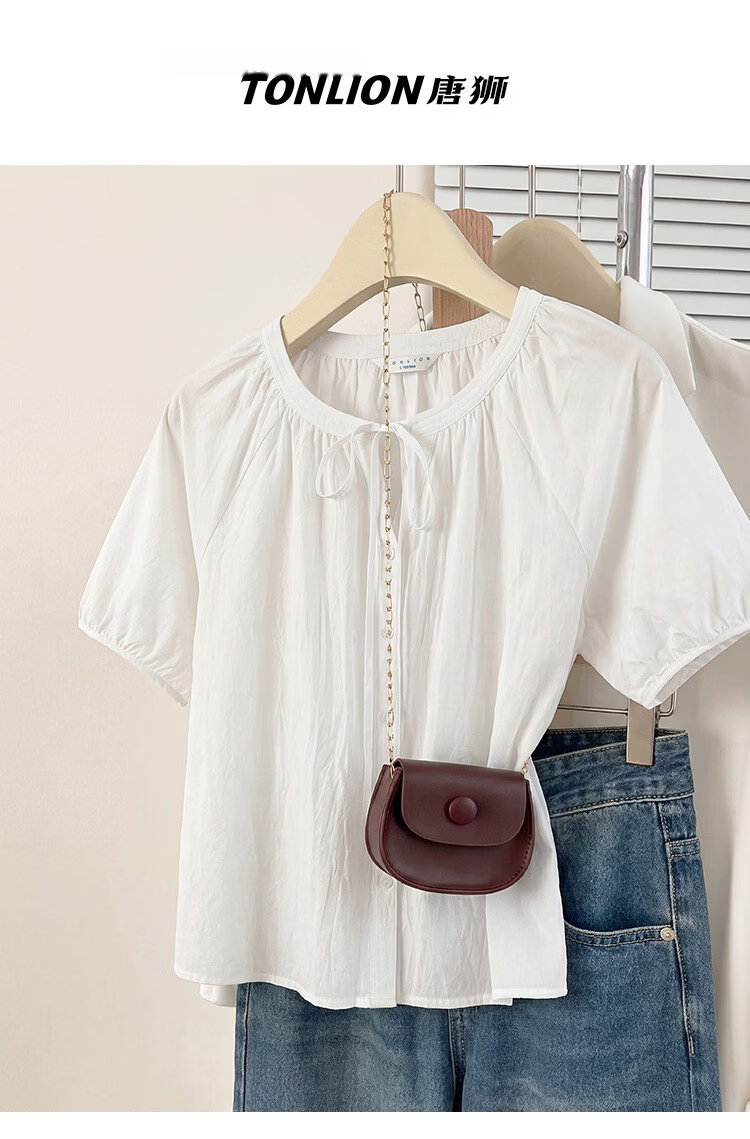 TonLion 2026 Summer New Women's Short Sleeve Shirt Round Neck Sweet Niche Design Puff Sleeve Beautiful Top 1