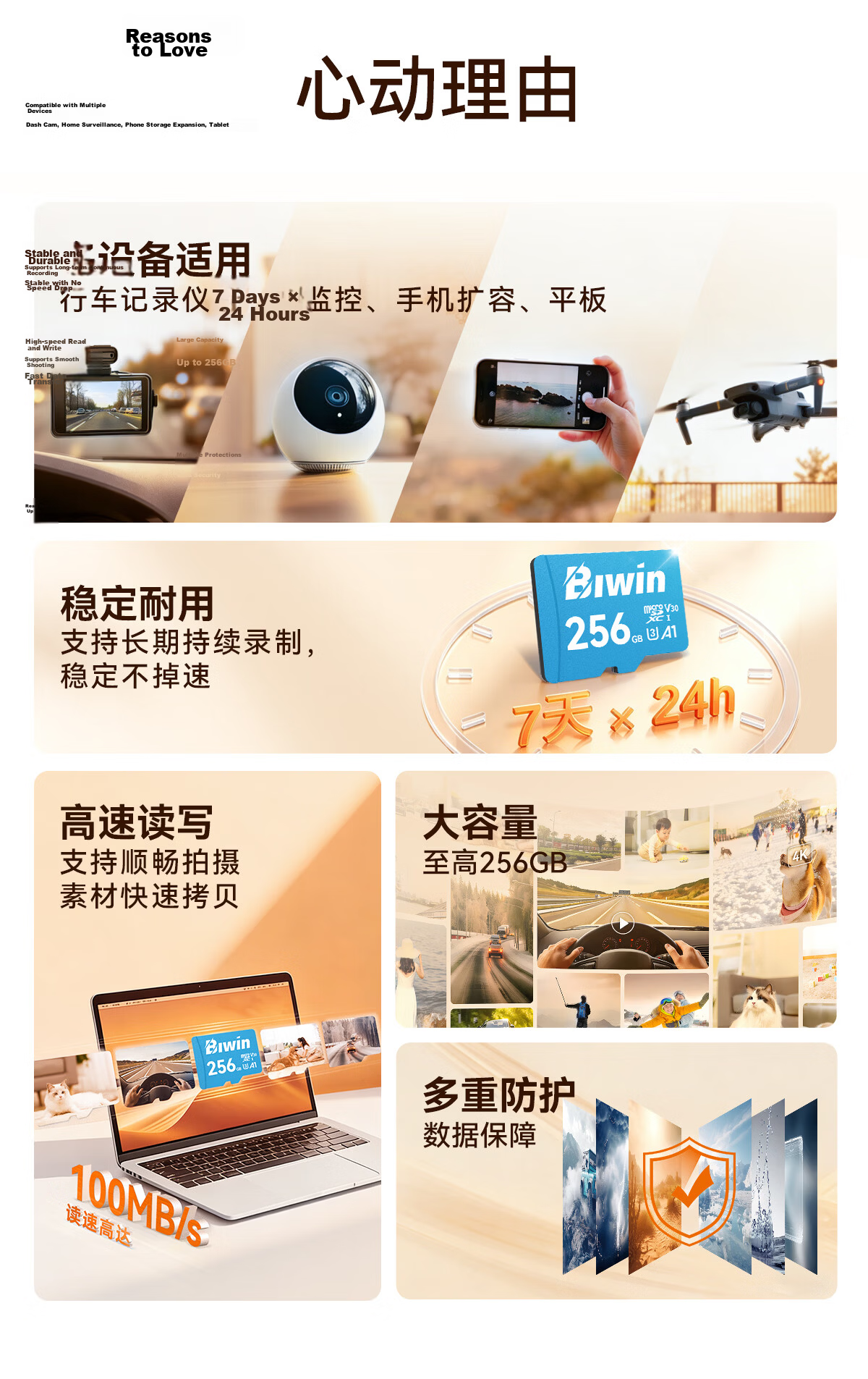 BIWIN 256GB TF (MicroSD) Memory Card C10 U3 V30 A1 MS100 Storage Card 100MB/s Read Speed Compatible with Dashcams/Surveillance Cameras 1
