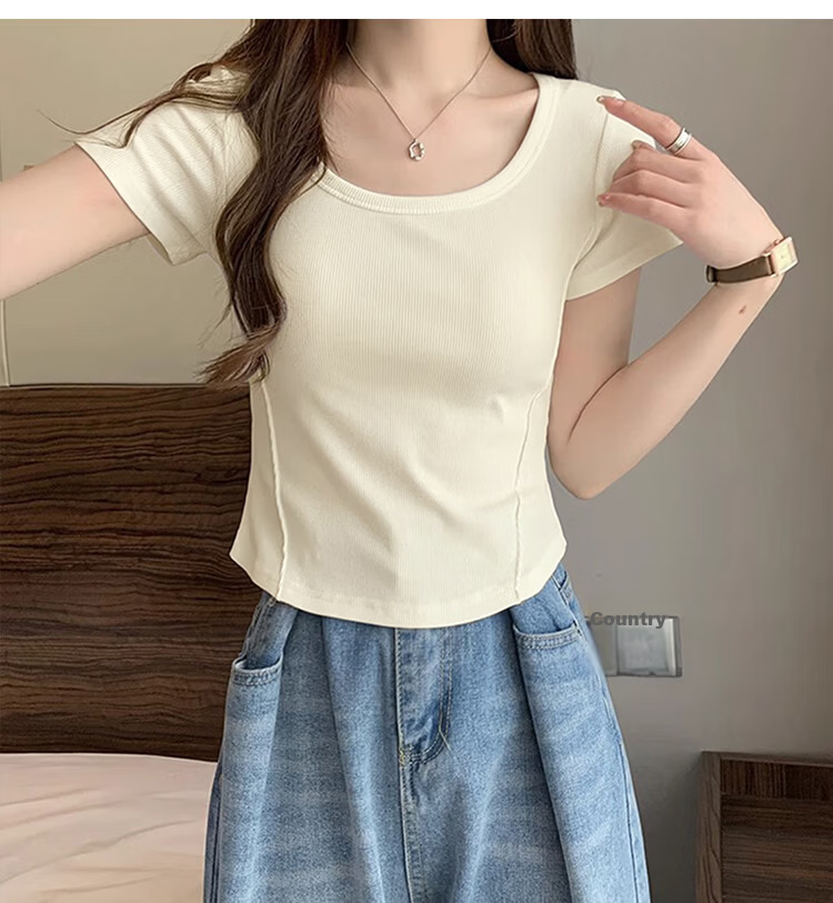 TonLion 2026 Summer Women's U-Neck Short Sleeve Solid Slim Fit Casual Versatile Premium T-Shirt 8