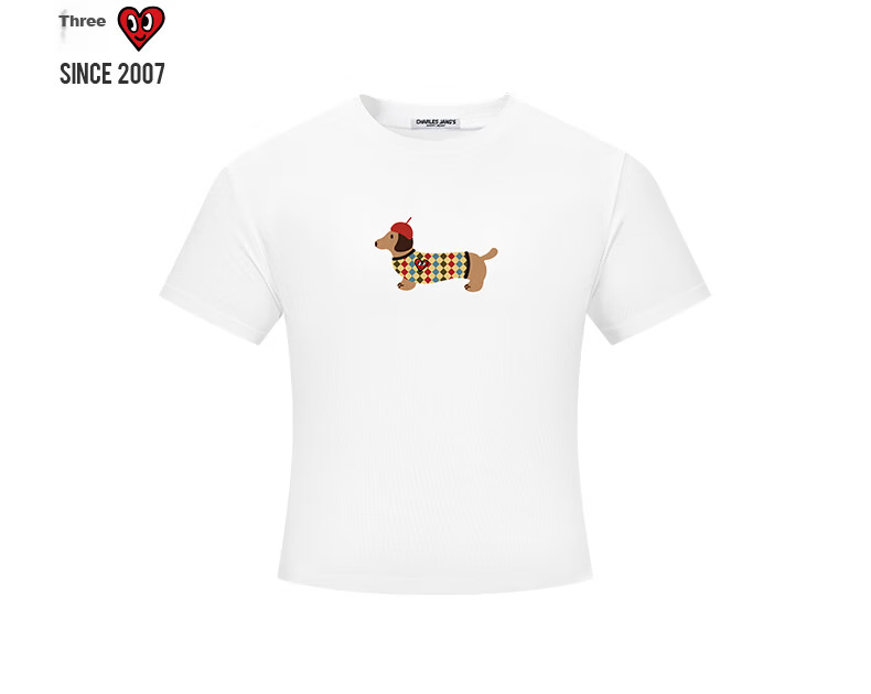 Charles Heart Summer Simple Cute Dachshund Print Short Sleeve Slim Fit T-Shirt White XF 5