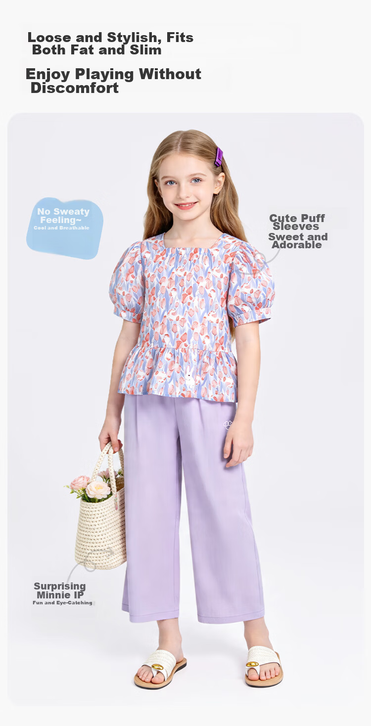 Disney Girls' Short Sleeve T-Shirt Set Summer Floral Cotton Top Two-Piece Light Blue 110 5