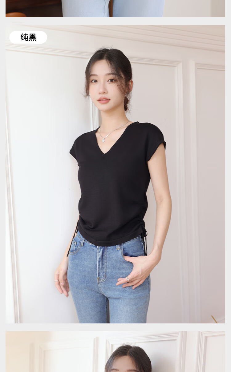 Langsha Women's Striped Short Sleeve T-Shirt Summer New Slim V-Neck Drawstring Top Simple Fashion Ice Silk Knitwear 11