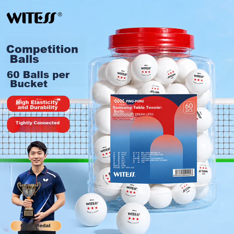 WITESS Table Tennis Training and Competition Balls 60-Pack Bucket 40+ 3-Star ABS White