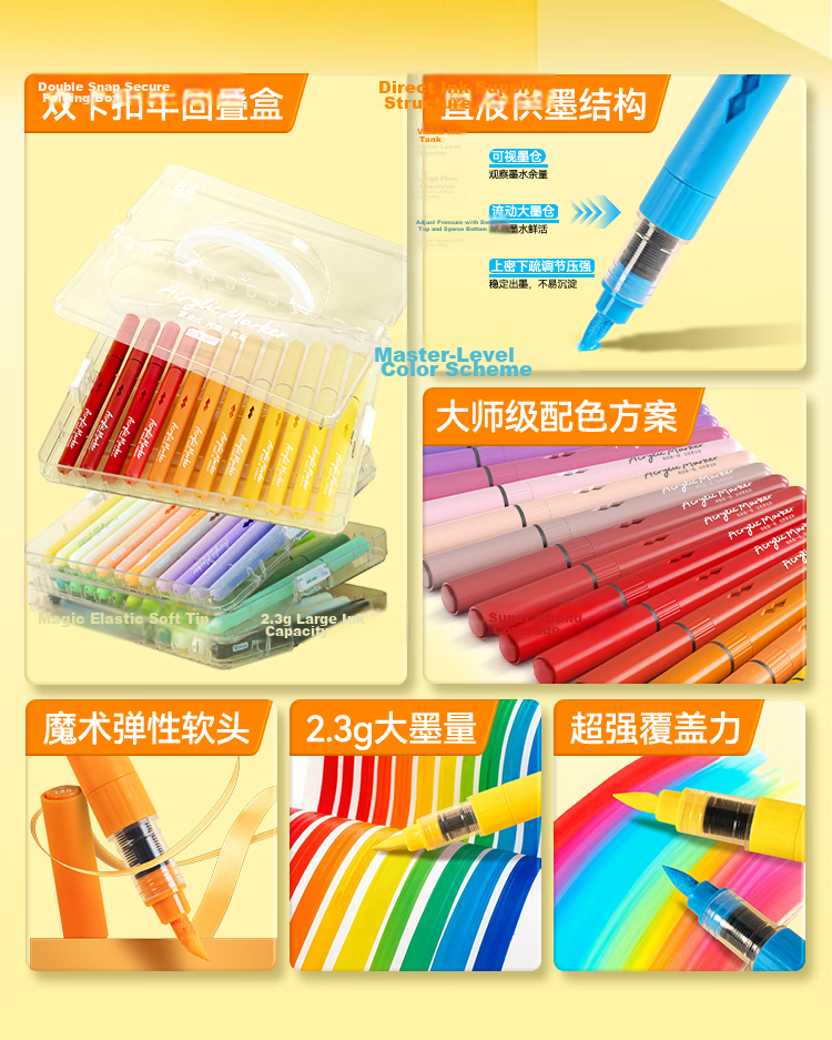 JD Jingzao Direct Liquid Acrylic Marker 84 Colors Large Capacity Elastic Soft Tip High Coverage Non-Bleed Student Watercolor Pen Drawing Pen Birthday Gift for Boys and Girls 2