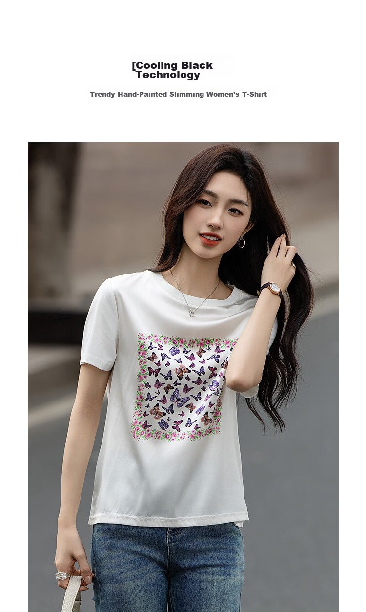 Demana [Cooling Black Technology] Summer Sorona Spliced Mulberry Silk Hand-Painted Print Slimming Concealing T-Shirt for Women Premium 4