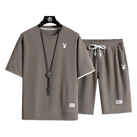 PLAYBOY Father's Day Gift Set Men's Summer Short Sleeve Casual Breathable Outdoor Sports Two-Piece Set with Shorts