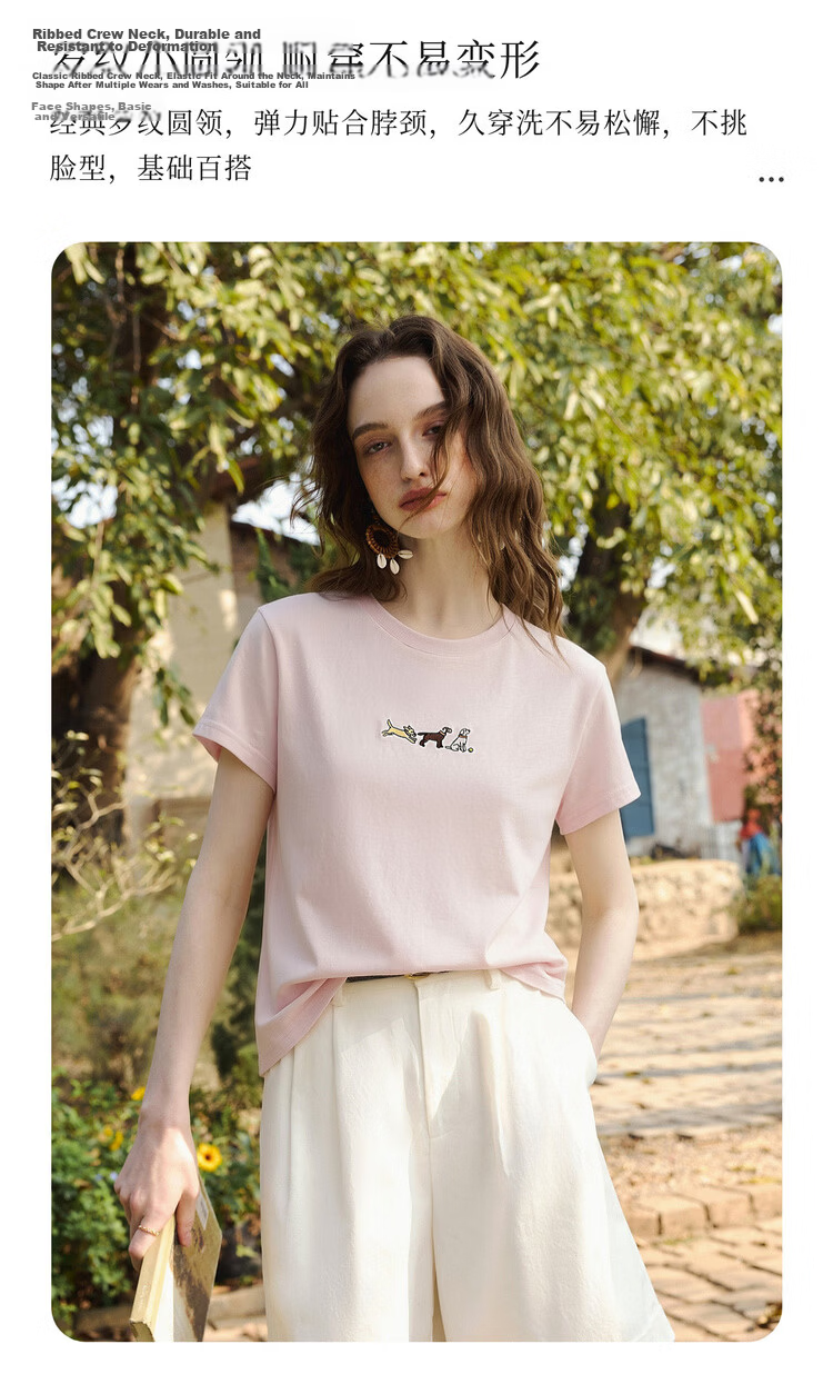 Olrain Summer Women's Casual Commuting 3D Dog Embroidery Pure Cotton Short Sleeve T-Shirt Pink XL 4