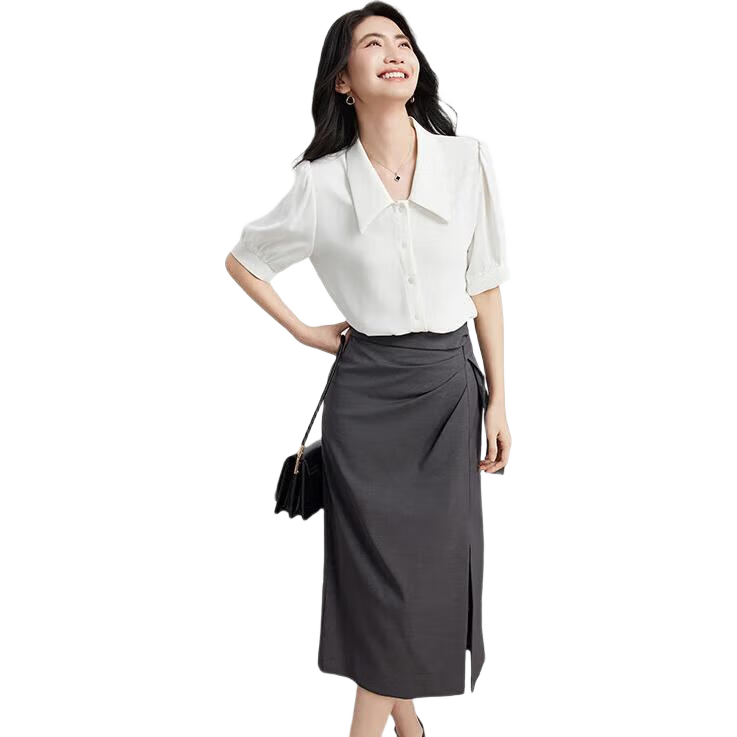 Bodexiaojie Short-Sleeved Blouse for Women, Summer Office Wear, Petite Inner Layering Top, Professional Formal Chiffon Shirt