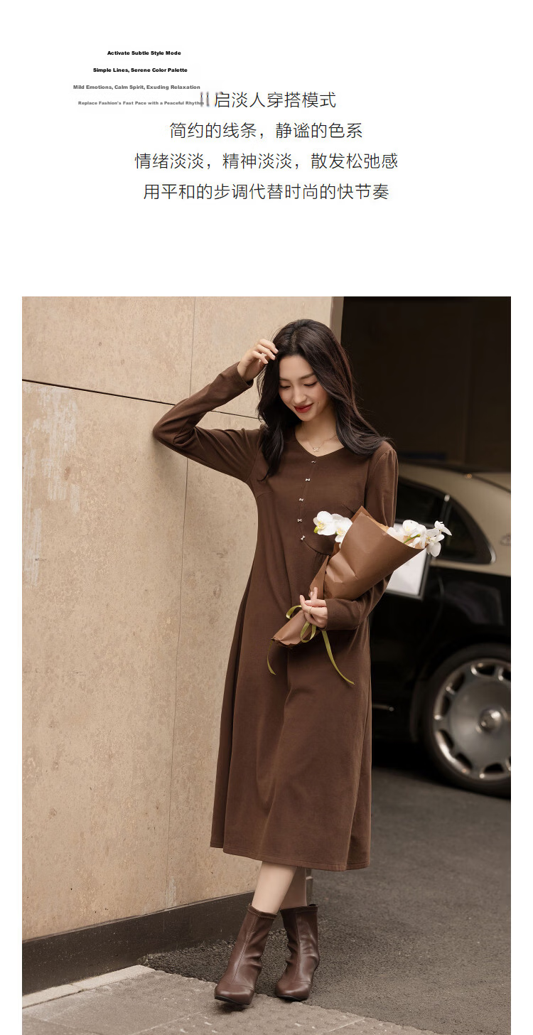 Demana Warm Double-Sided Fleece Autumn Casual V-Neck Irregular Split Metal Button A-Line Women's Dress 6