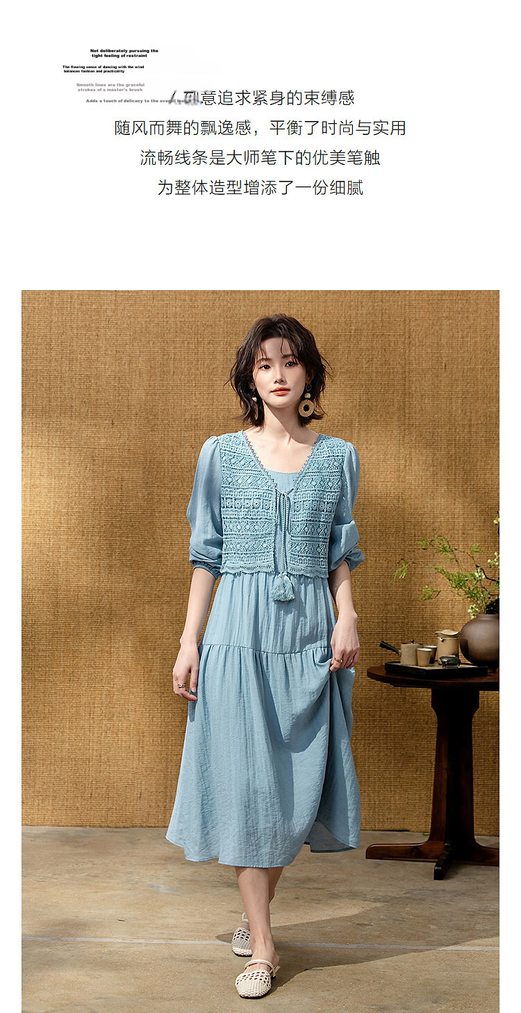 Demana Linen-Viscose Blend Tea Break Dress Spring Elegant Faux Two-Piece Lace Hollow Tower A-Line Women's Dress 6